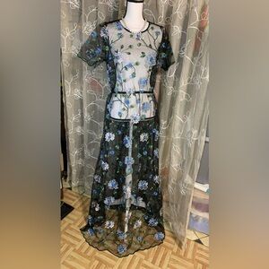 Lularoe Deanne II Black Floral Embroidered Mesh Overlay Maxi Dress